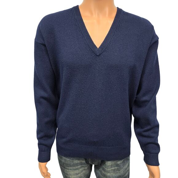 Huntington Lambswool Virgin 100% Wool V-Neck Sweater Men M Navy Knit Vintage - Picture 3 of 13